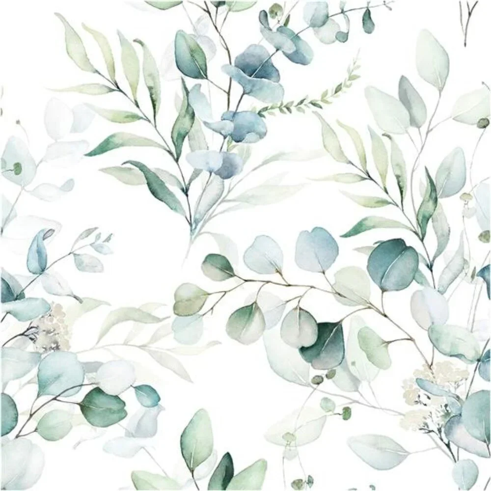 Peel and Stick Wallpaper Boho Green/White Eucalyptus Leaf Floral Wall Mural